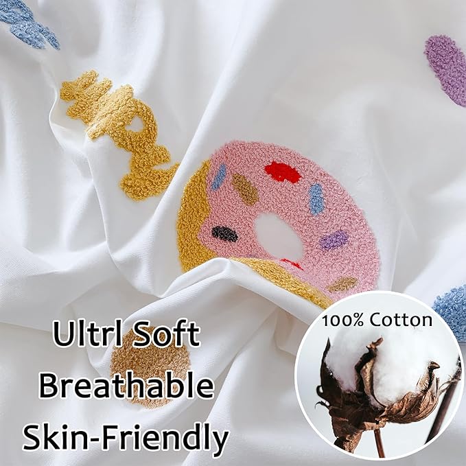 MorroMorn Twin Duvet Cover Cotton, 3D Embroidery Twin Bedding Sets, Cute Chenille Embroidered Comforter Covers Summer Blanket Soft Breathable for Girls Kids Teen Preppy (Donut White, Twin/Twin XL)