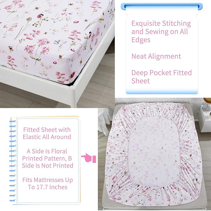 RYNGHIPY Shabby Floral Bees Print Bedding Sheets with Pillowcases, Breathable Egyptian Cotton Bed Sheet Set (Bee,Queen Size)