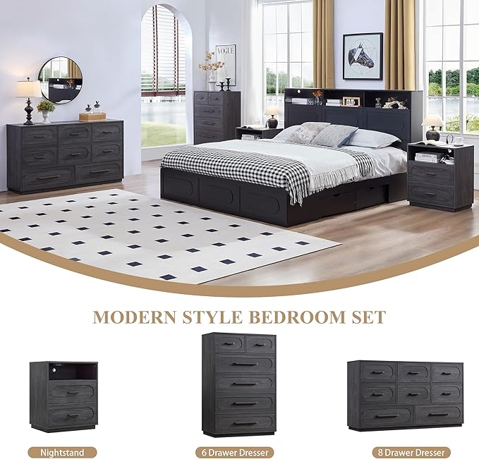Modern 8 Drawer Dresser for Bedroom, 54" Wide Dressers & Chest of Drawers w/Solid Wood Handle, Wood Mid Century Closet Organizers and Storage Cabinet for Bedroom, Living Room, Hallway, Gray