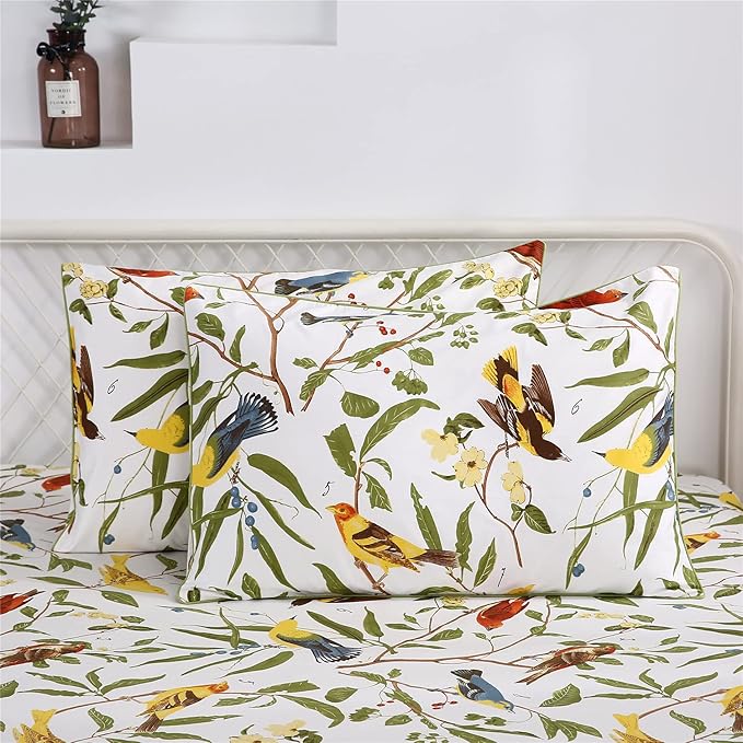 RYNGHIPY Farmhouse Flowers Print Bed Sheet Collection Set Botanical Floral Sheets with Pillowcasess (White Green,Queen Size)