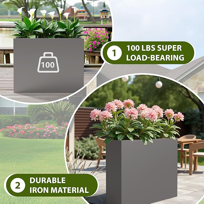 Casaphoriar Metal Planter Box 36"x9"x28", Rectangular Planter with Inner Shelf and Drainage Holes, Perfect for Outdoor Patio and Balcony Decor, Grey