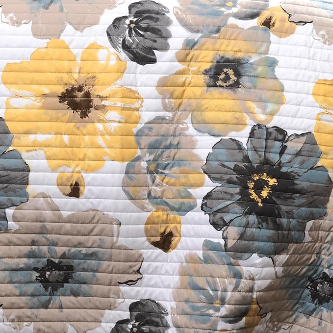 Lush Decor Leah Reversible Floral Quilt Set, 3 Piece Set, Full/ Queen, Yellow & Gray - Watercolor Botanical - Cottage Core - French Country Decor- Bedding Queen Size