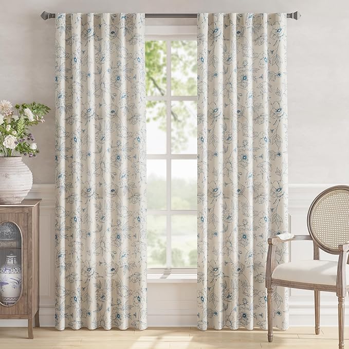 jinchan Floral Linen Curtains for Living Room 84 Inch Length Blue Flower Curtain Rod Pocket Back Tab Farmhouse Curtains with Printed Floral Bedroom Window Curtain Set, 2 Panels Blue