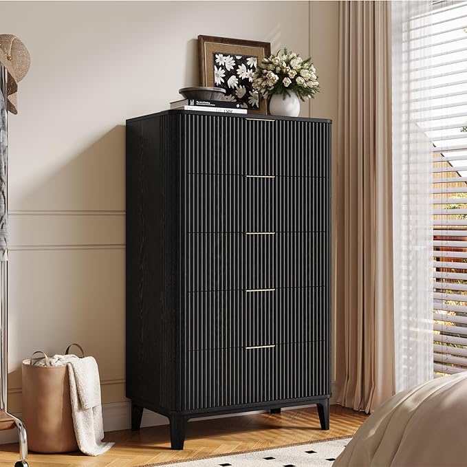 Fluted Dresser for Bedroom with 5 Drawers Set of 2, 45" Large Closet Clothes Wood Tall Dresser Storage Organizer, Mid Century Modern Chest of Drawers with Deep Storage Black