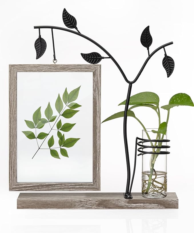 Afuly 5x7 Picture Frame with Bud Vase for Plants Flowers, Family Picture Frames Rustic Double Photo Frame Tabletop Display Decor, Anniversary Wedding Gifts, Dark Brown