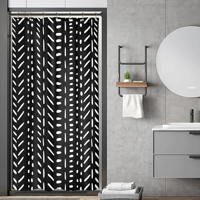 Riyidecor Stall Small Black White Boho Half Size Dorm Shower Curtain 36x72 Inch Chevron Geometric Herringbone Striped Single Narrow Tiny Walkin Stand Up Decor Fabric Bathroom Set Polyester Waterproof