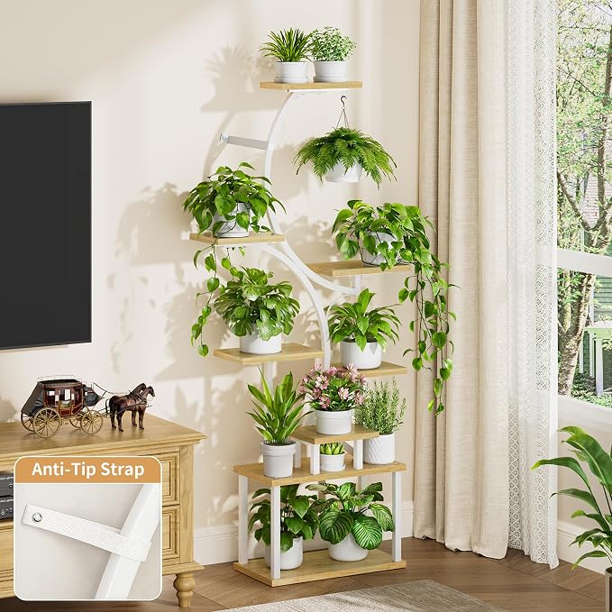 Plant Stand with Grow Lights for Indoor Plants, 8-Tiered Tall Corner Plant Shelf with Full Spectrum Light, S-Shaped Space-Saving Narrow Flower Holder, Anti-Tip for Living Room Bedroom Office, Natural