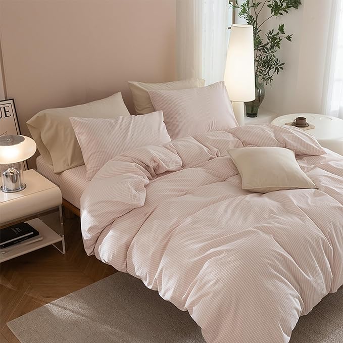 JIYUAN 100% Washed Cotton Striped Duvet Cover Set 3 Pieces Queen, 1 Duvet Cover and 2 Pillowcases(Comforter Not Included),Linen Like Comfy and Breathable,Pinstripes-Heathered Greyish Pink White