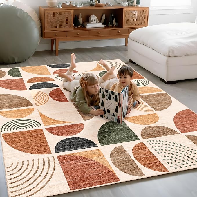 MUJOO Boho Rug Washable,4x6.5 Area Rugs for Bedroom Living Room Bedside Office,Throw Floor Carpet Non Slip Soft Indoor Modern Abstract Bohemian Terracotta