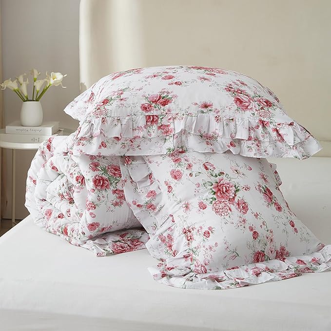 VM VOUGEMARKET Rose Flower Comforter Set King Size Romantic Girls Ruffle Bedding Comforter Soft Microfiber Botanical Comforter Set 1 Ruffled Comforter with 2 Pillowcases Lightweight Comfy
