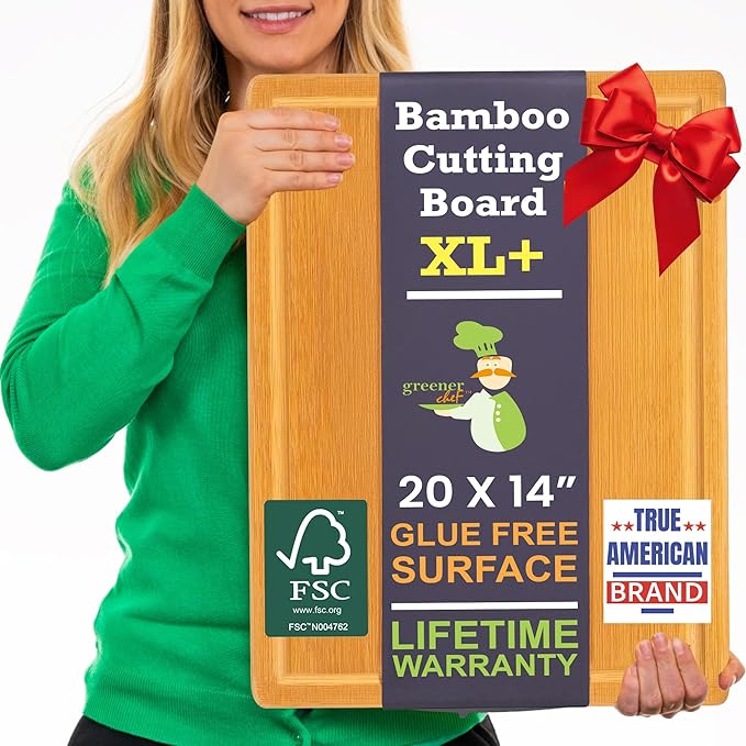 20 Inch Bamboo Wood Cutting Board Featuring Super-Sized Glue-Free Surface™ – Heavy Duty Butcher Block for Safe Meal Prep, Chopping & Carving with Lifetime Replacements - Rectangle