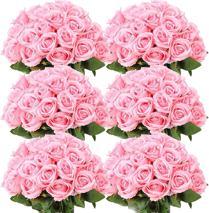 Jexine 50 Pcs Artificial Rose Flower Bulk Realistic Silk Fake Roses with Long Stem Plastic Artificial Flower Bouquet Real Looking for Home Wedding Centerpieces Party Decoration(Pink)