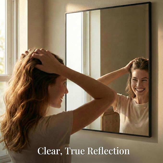 30"x36" Black Bathroom Mirror for Wall, Shatterproof Tempered Glass, Rectangle Narrow Frame Vanity Mirror, H/V Wall-Mounted, Ultra-Flush