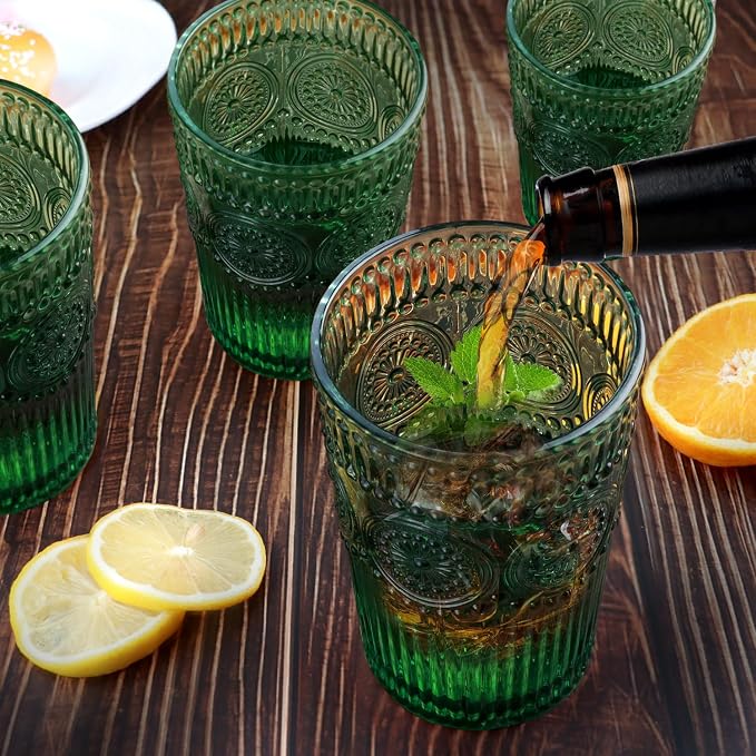 Loivttvv 6pcs Vintage Drinking Glasses Set, 12 oz Dark Green Highball Glasses, Embossed Ribbed Glassware Cups for Cocktail, Water, Juice, Coffee, Whiskey