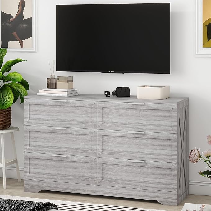Modern 6-Drawer Dresser for Bedroom, Dresser Chest of Drawer with Large Drawers & Silver Handles, Wooden Dressers Drawers Storage Unit for Bedroom, Living Room, Closet (Wash Grey)