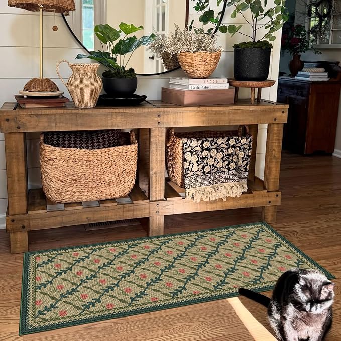 Front Door Mat Indoor Entrance - 2x4.3 Ft Washable Layered Doormat Outdoor Entrance Porch Rug Non-Slip Jute-Look Khaki Farmhouse Trellis Runner Rug for Kitchen Bedroom Laundry Room Porch Decor