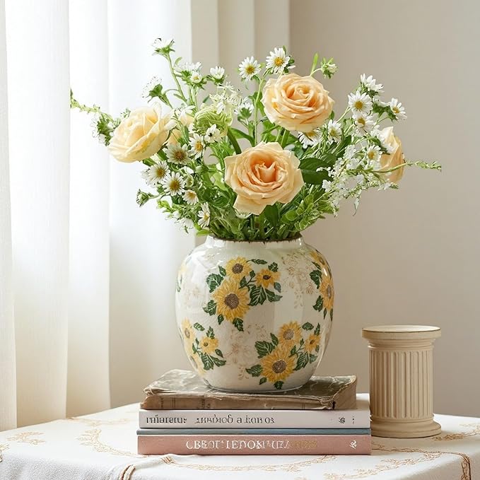 Vintage Round Pastoral Vase, 6.7 inch Yellow and Beige Sunflower Rustic Farmhouse Antique Ceramic Floral Vases, Retro Ice Cracked Chinoiserie Vase for Home Decor Living Room Bookshelf