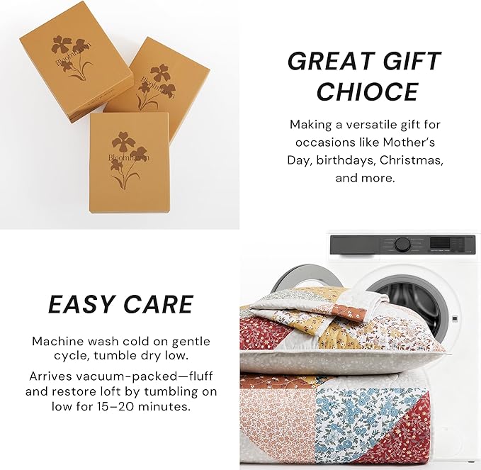 Quilt Set Twin Size, Patchwork Burnt Orange Floral Quilt Sets, Reversible Bedspread Lightweight and Breathable for All Seasons, Soft Quilted Bedspread with 1 Pillow Sham