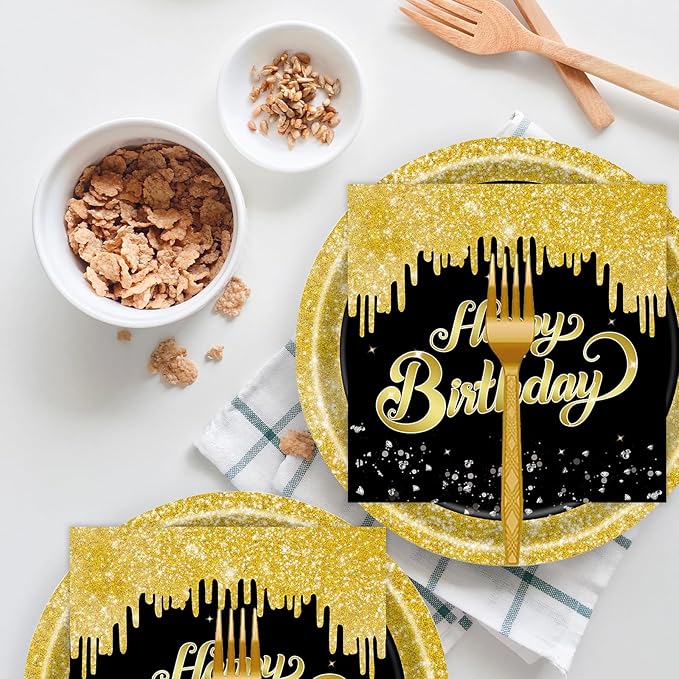 72 Pcs 50th Birthday Paper Plates and Napkins Party Supplies, Back Gold 50th Birthday Party Plates and Napkins Tableware Set for Men Women Cheers to 50 Years Decorations Serves 24