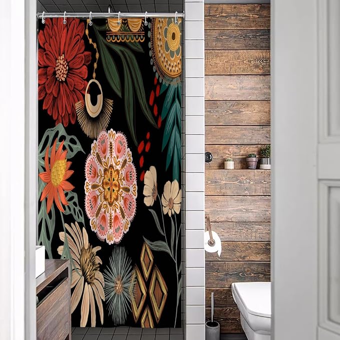 Black Boho Floral Shower Curtain Abstract Botanical Mid Century Modern Bathroom Decor Tropical Flower Shower Curtain with 10 Hooks,54x78 inches