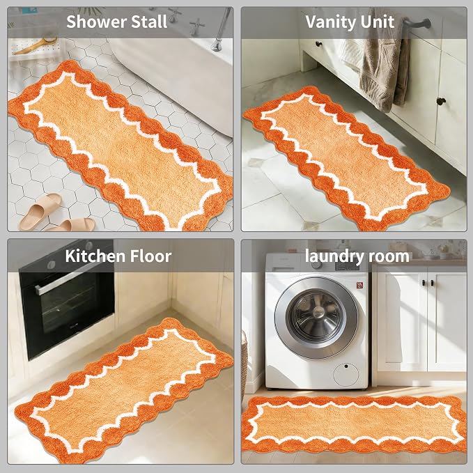Scalloped Orange Bathroom Rugs Mat,Non Slip Absorbent Quick Dry Bath Mats for Shower Room,Plush Microfiber Bath Rug for Bathroom Floor Washable Carpet for Shower Tub Sink Bedroom,17"x47"