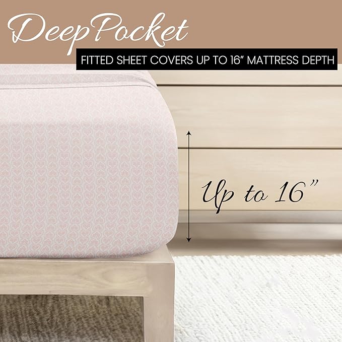 Linen Market Double-Brushed Patterned Microfiber California King Sheet Set 4 Piece – Oeko-TEX Certified Ultra Soft & Wrinkle-Free - 16" Deep Pocket Sheets Easy Care Cal-King Size - Classic in Pink