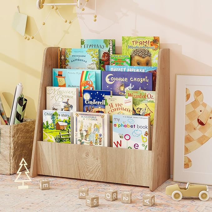 Costzon 4-Tier Kids Bookshelf, Front Facing Children Bookcase with Deep Compartments, Magazine Storage Rack for Kids Bedroom, Playroom, Nursery, Classroom, Kindergarten (Natural)