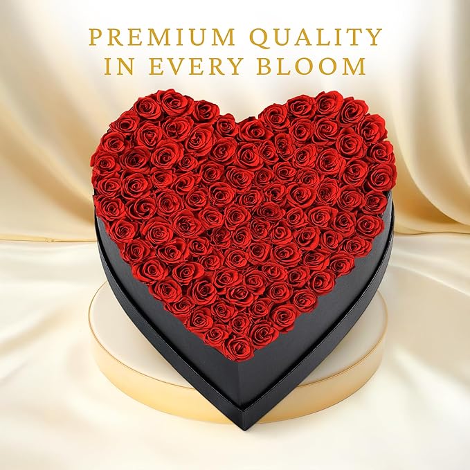 100 Preserved Roses, Forever Flowers for Delivery in Designer Heart-Shaped Box, Petite Long-Lasting Buds for Women, Eternal Rose Bouquet for Mothers Day, Girlfriend's Birthday