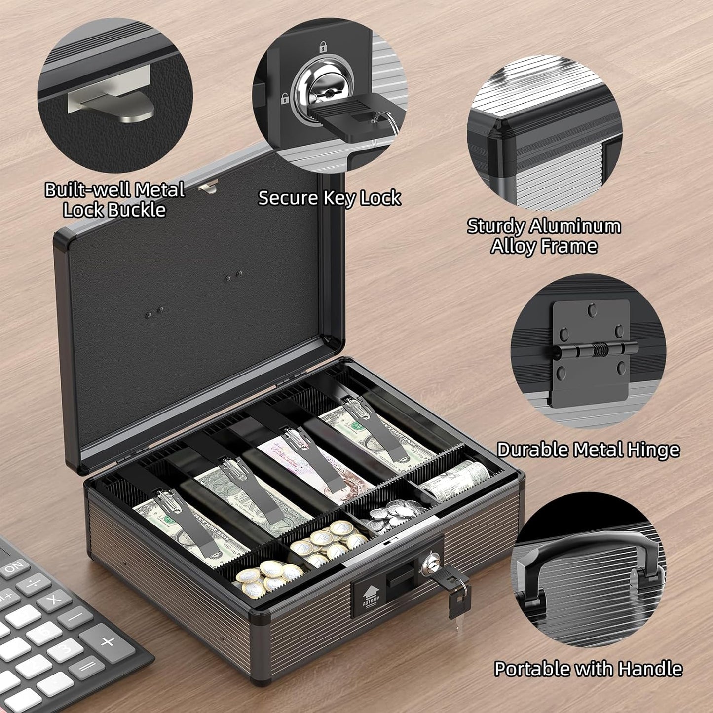 Skiennix Locking Cash Box - Secure Money Safe with Tray & Key | Extra Large Black Organizer