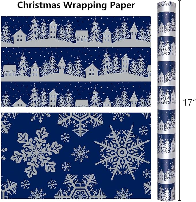 MAYPLUSS Christmas Wrapping Paper Roll, 17 Inch X 16.5 Feet Gift Wrapping Paper Featuring Navy Blue Christmas Tree House Reversible Snowflake, Thick Wrap Paper for Holiday Party New Year Kids