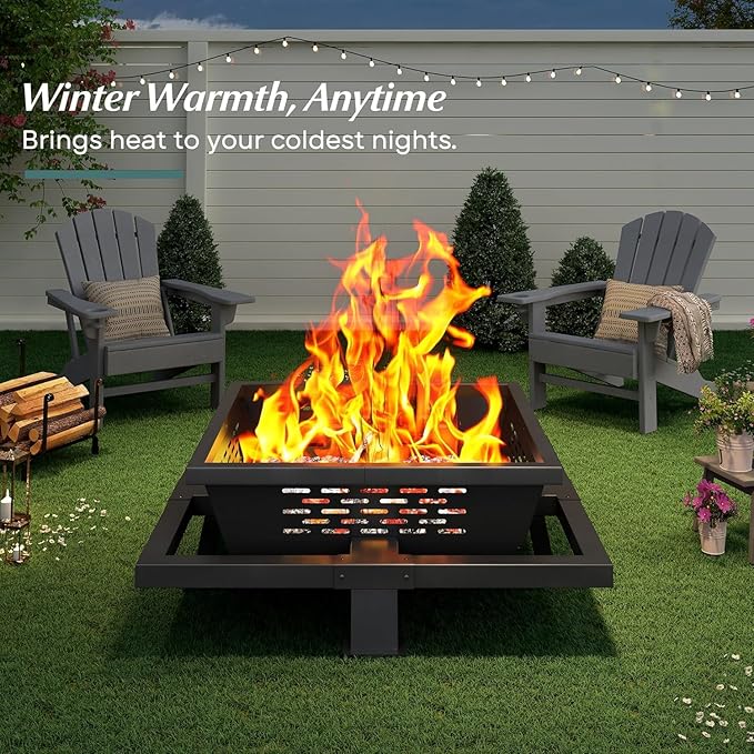 Auhilence 36 inch fire Pit, Square Outdoor Fire Pit with Poker, Wood Burning Fire Pit for Camping, Backyard, Patio