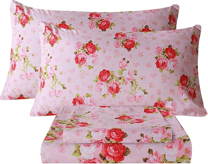Bedlifes California King Sheet Set Ultra Soft, Breathable, Silky Flower Deep Pocket 100% Microfiber Bedding, 4 Piece Cal King Size Pink Floral(Red Rose)
