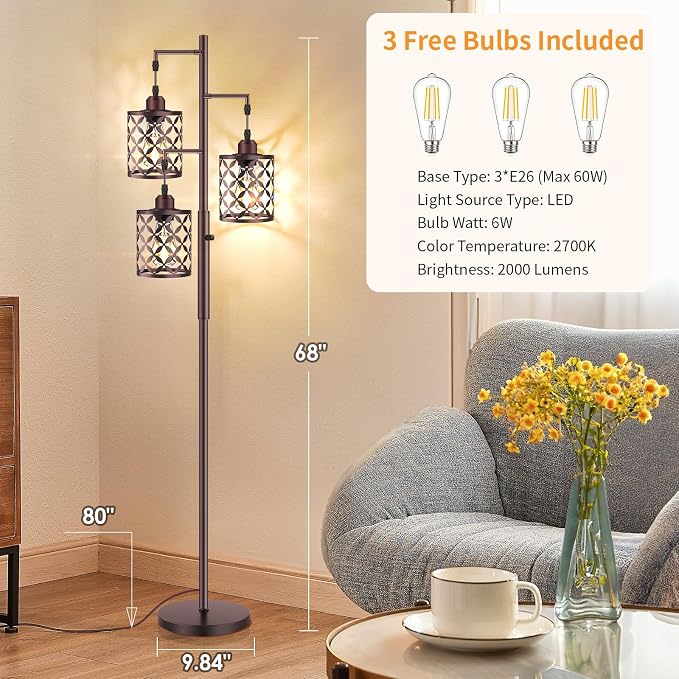 Dimmable Floor Lamp, Farmhouse Standing Lamp with Elegant Metal Cage, Industrial Tall Tree Floor Lamps for Living Room, Bedroom, Study Room, Office, 2000LM LED Bulbs Included - 68", Brown