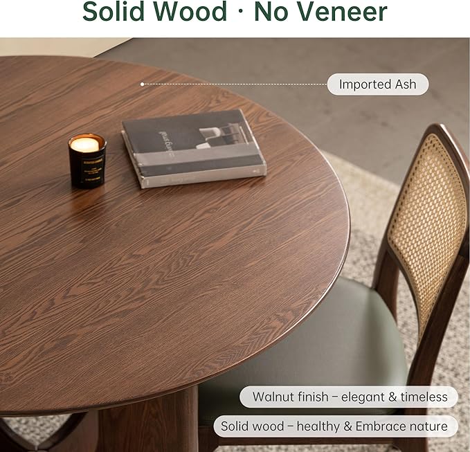 YESWOOD 43.3’’ Round Dining Table for 4-6, 100% Solid Wood Kitchen Table with U-Shaped Pedestal Base, Farmhouse Circle Modern Dinner Table for Dining Room, Living Room (Imported Ash Wood, Walnut)