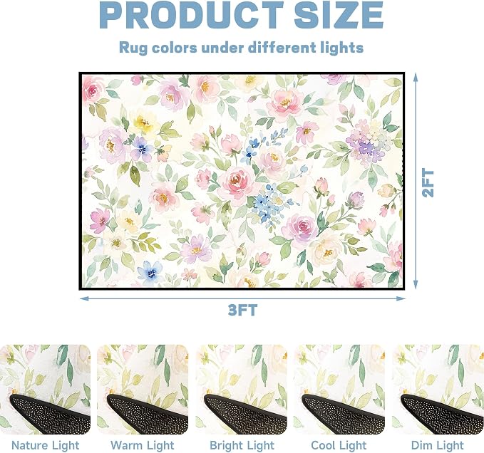Watercolor Floral Rug 2'x3' Soft Pastel Botanical Area Rug for Entryway Bedroom Living Room Nursery Kitchen Playroom Home Decor Low Pile Non-Slip Washable Carpet