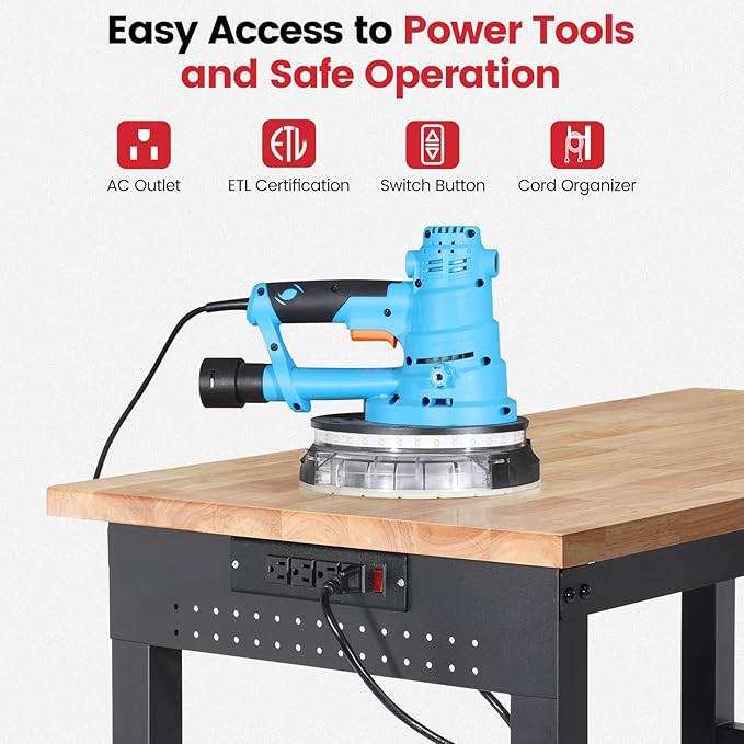 Workbench with Wheels 48 Inch Adjustable Height Work Table with Under Table Shelf, Pegboard, Power Outlets Work Bench for Garage, Home, Office, Workshop