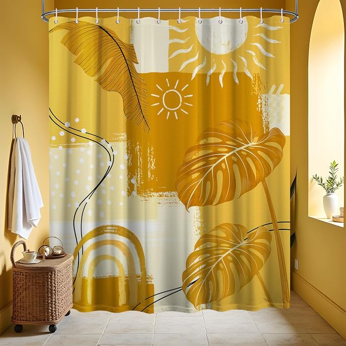 Small Stall Shower Curtain Rv Mustard Yellow Boho, 36 x 72 Inchs | for Camper Stand Up Shower, Modern Pattern Design, Narrow Bathroom Decor Sets Waterproof Cloth Fabric, with Hooks