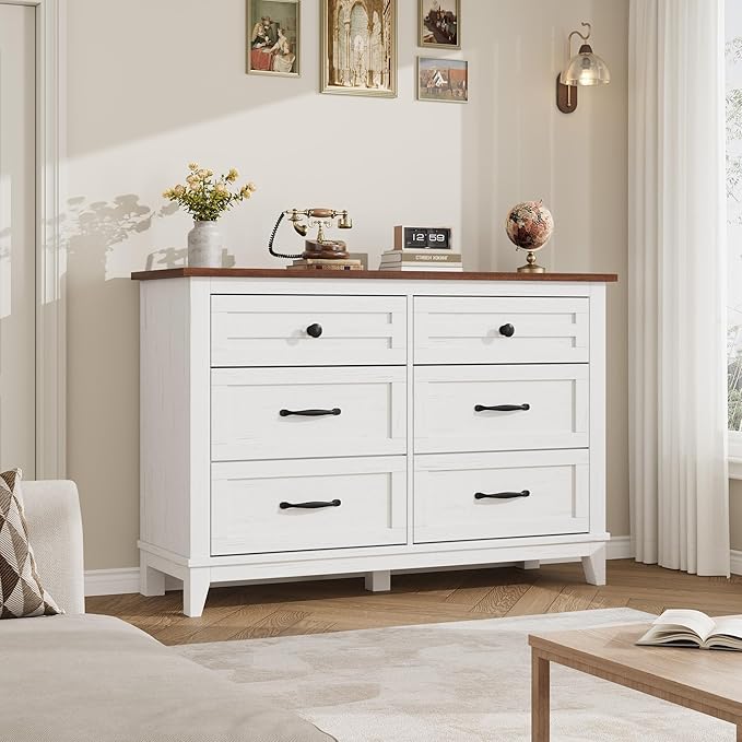 GarveeHome 6 Dresser for Bedroom, 47 in Wide Drawer Dresser with Storage Freestanding, Wooden Closet Storage Chest for Living Room, Bedroom, Entryway, White+Brown
