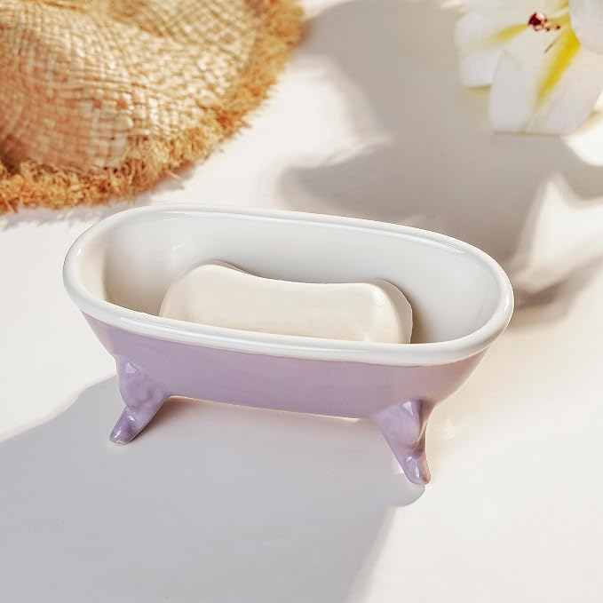 6.7" Ceramic Mini Clawfoot Bathtub Bar Soap Dish, Decorative Bar Soap Holder, Soap Tray Sponge Holder for Shower, Bathroom & Kitchen Sink (Purple)