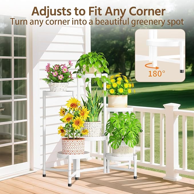 LASZOLA 6 Tiered Folding Plant Stand Indoor for Multiple Large Planter, Tall Heavy Duty Adjustable Rack with Rust Proof 10 Inch Wide Tray, Sturdy Vertical Tree Organizer for Narrow Inside Floor, White