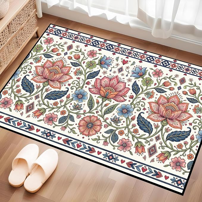 2'x3' Boho Floral Area Rug Vintage Colorful Botanical Carpet Non-Slip Washable Rugs for Entryway Bedroom Living Room Nursery Kitchen Playroom Home Decor