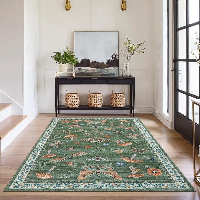 Washable 8x10 Mushroom Floral Rugs for Living Room Low Pile Soft Bedroom Large Accent Carpet Non Slip Non Shedding Nursery Playroom Carpet Mats Boho Vintage Green Carpets for Dining Apart Dorm, Green