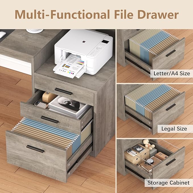 Executive Computer Desk with 3 Drawers & Storage Shelves, 65 Inch Home Office Desk with File Drawer & Cabinet, Writing Study Desks with Monitor Stand & Printer Shelf, Executive Desk, Grey