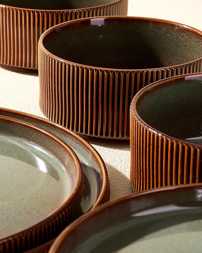 24-Piece Dinnerware Set Service for 8, Famiware Premium Stoneware Dish Set with Ribbed Plates and Deep Bowls, Double Reactive Glaze, Chip & Scratch Resistant, Microwave & Dishwasher Safe, Moss Cocoa