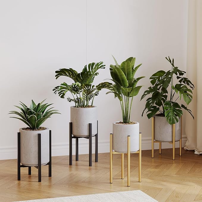Adjustable Metal Plant Stand Indoor, Fits 9-15 Inch Pots, Mid Century Modern Planter Holder,2 Heights, Heavy Duty 160 lb, Indoor Outdoor Corner Floor Pot Stand, Black with Round Plate