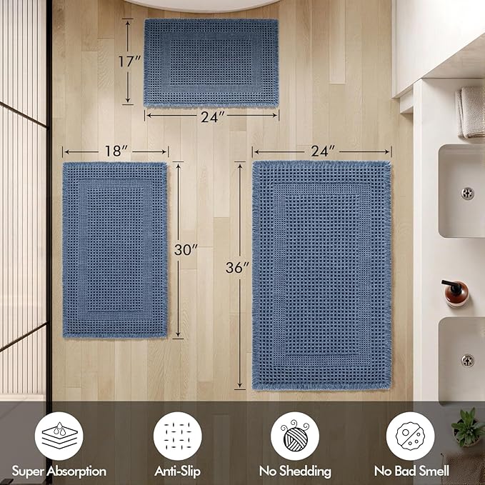 MIULEE Set of 2 Waffle Bathroom Rugs, Boho Bath Rugs Non Slip Washable, Super Absorbent, Ultra Soft Rubber Backed Shower Bath Mats for Floor, Tub, Shower, Looped Design, Blue, 18x30 Inch