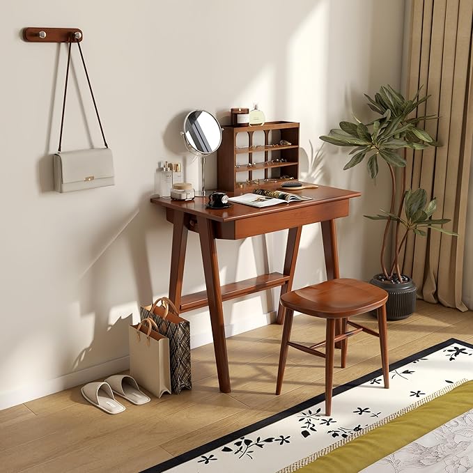 100% Solid Rubber Wood Desk Home Office Desk Mid Century Modern Writing Computer Desk with Drawer for Home Office 31"