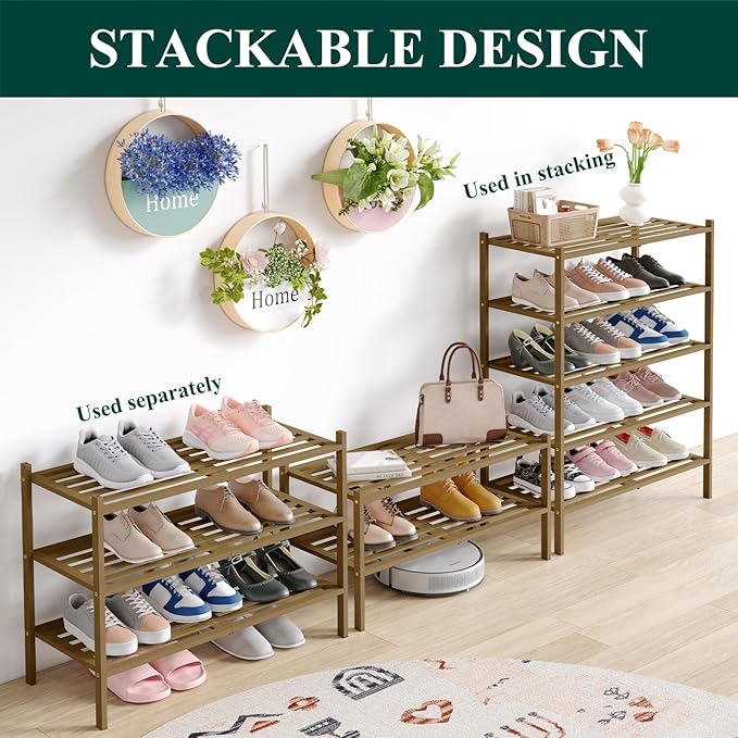 Smiry Bamboo Shoe Rack 4-Tier, Stackable Wooden Shoe Organizer for Entryway & Closet, Free Standing Wood Shoe Storage Shelf for Front Door & Small Spaces, Walnut