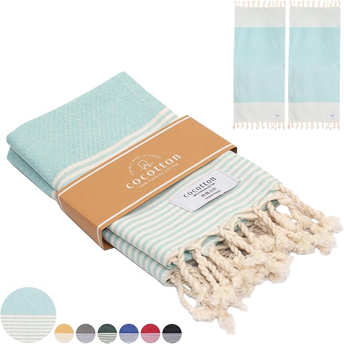 Boho Striped Turkish Hand Towels Set of 2 | 100% Cotton, 16 x 40 Inches | Decorative Bathroom Hair Face Gym Yoga Dishcloth Tea Kitchen Light Weight Quick Dry Farmhouse Towel (Mint)