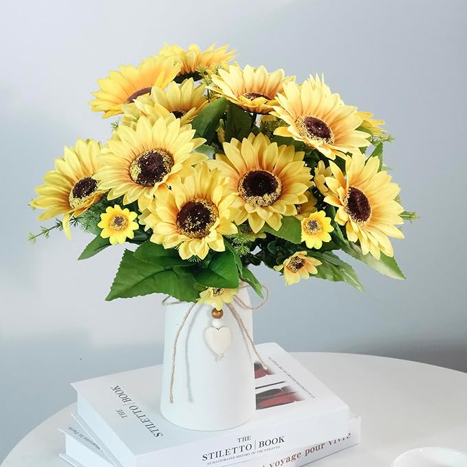 Artificial Sunflower Arrangement in Cream Vase, Silk Fake Flowers in Vase with Jute Rope & Heart Charm, Table Centerpieces for Dining Room, Kitchen and Table Décor